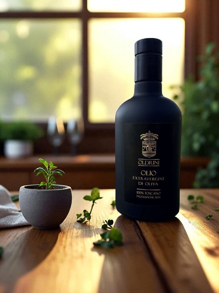 Bottiglia olio design nero opaco su tavola elegante per ristorazione di lusso