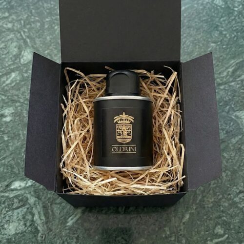 Confezione regalo lattina olio 100ml nero e oro per eventi e bomboniere