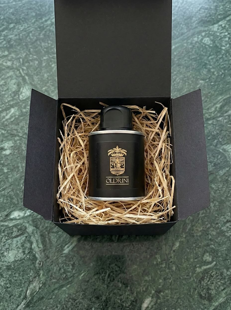 Confezione regalo lattina olio 100ml nero e oro per eventi e bomboniere