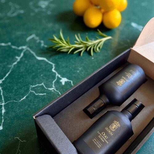 Scatola regalo lusso con due bottiglie olio extravergine toscano nero opaco